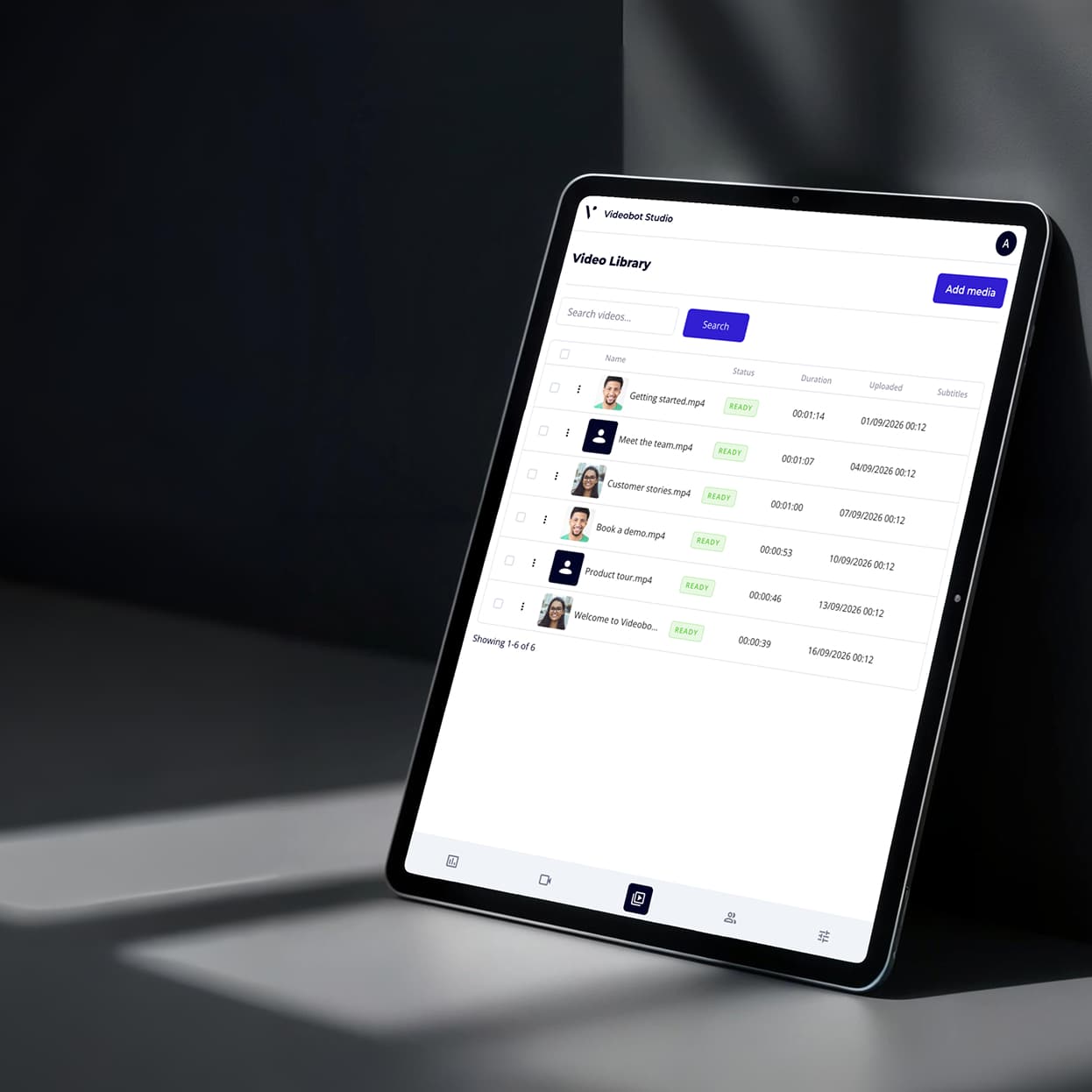 Videobot video library on a tablet